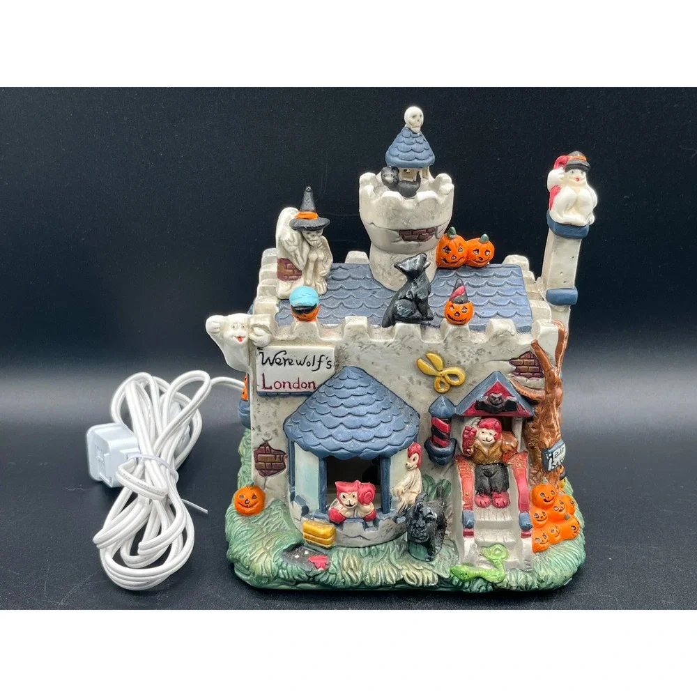 Vtg Werewolfs London Halloween Village Lighted Ceramic Castle Ghost New Cord